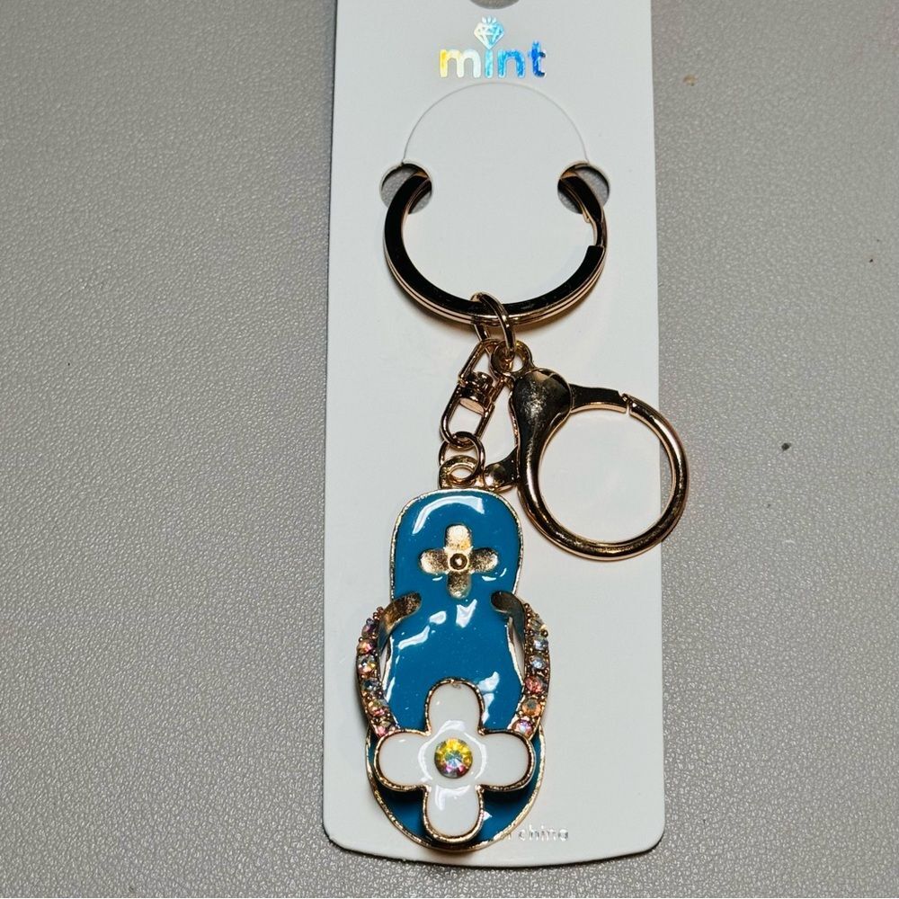 BAG CHARM MINT Blue Flip Flop Keychain with Gold and Crystal Accents